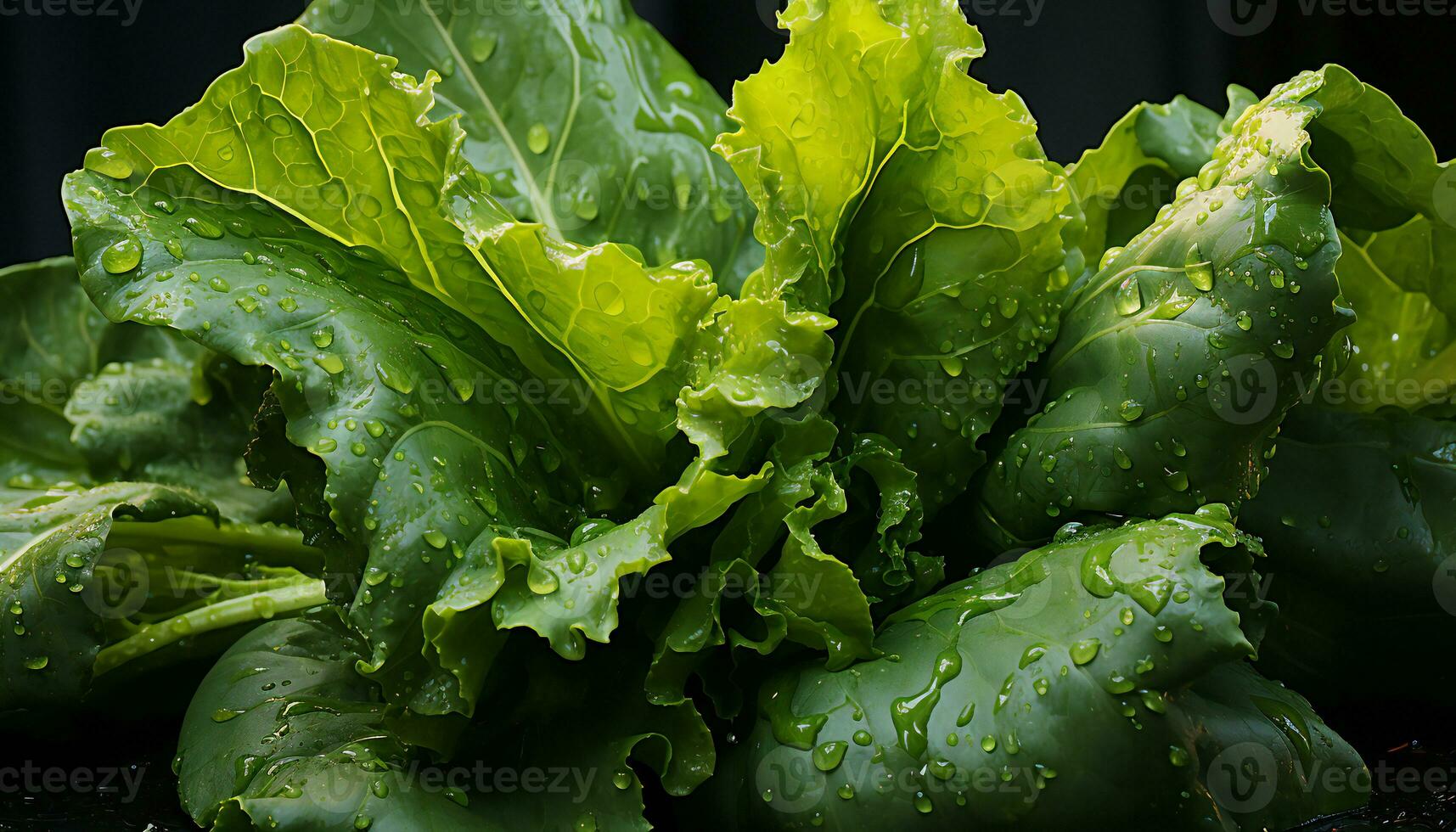 Artistic recreation of wet lettuce leaves with drops water. Illustration AI photo
