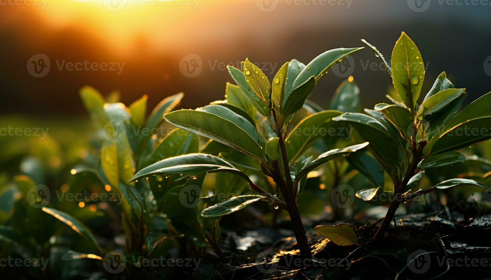 artístico recreación de té hojas a puesta de sol. ilustración ai foto