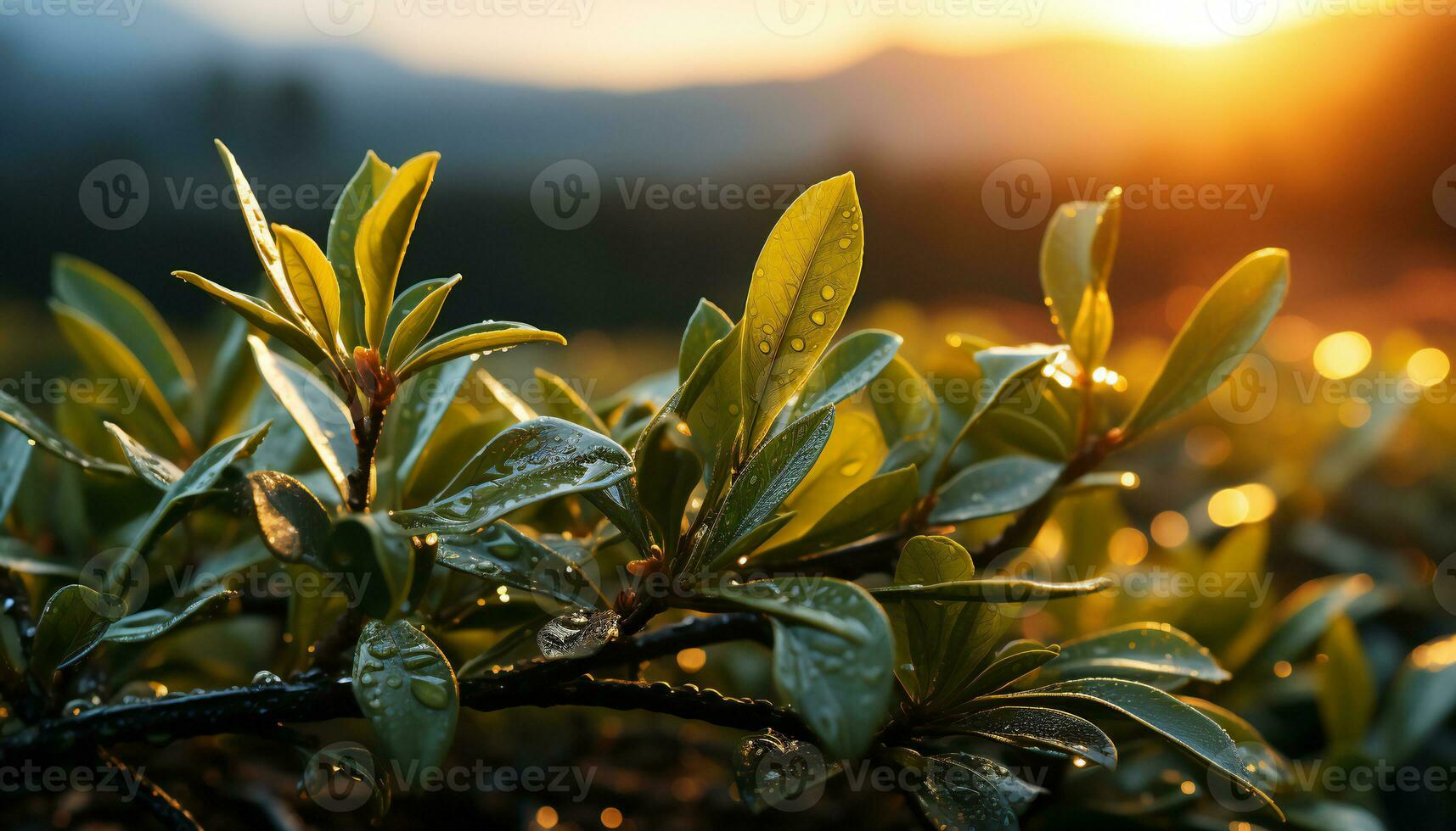 artístico recreación de té hojas con gotas agua a puesta de sol. ilustración ai foto