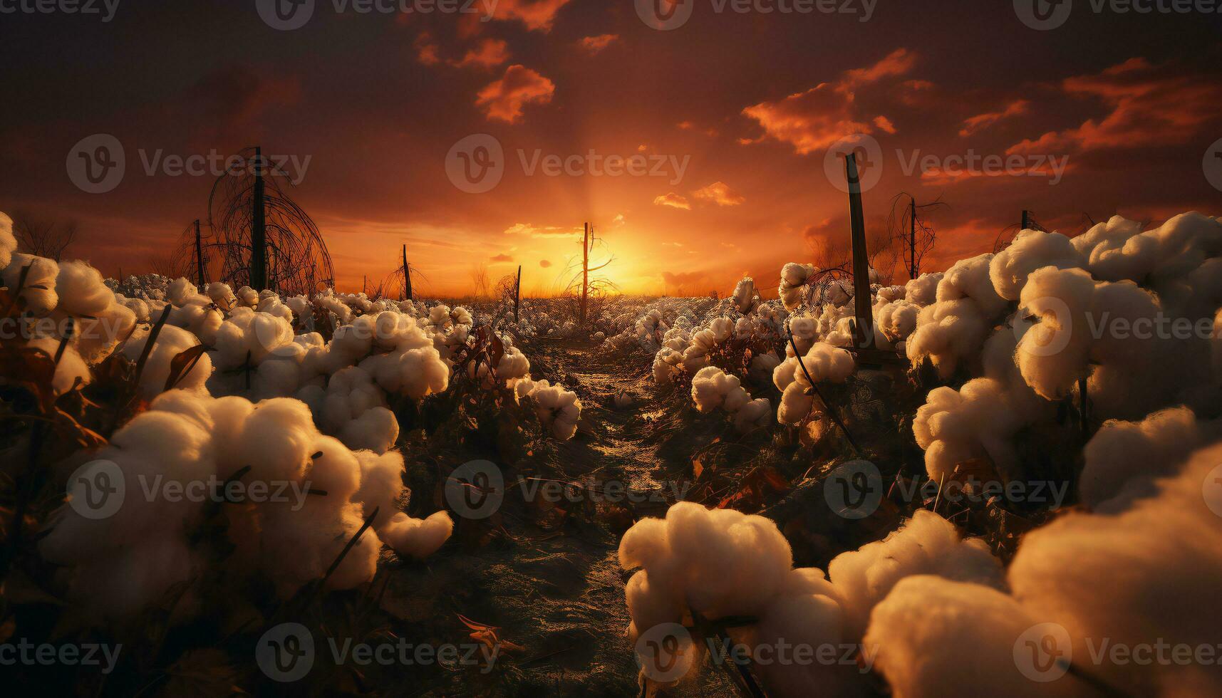 Pictoric still cotton plantation at sunset. Illustration AI photo