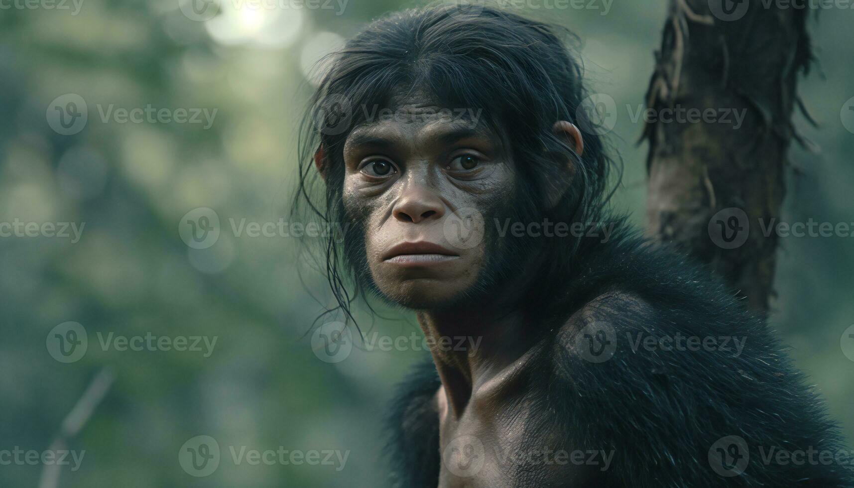 Artistic recreation of a hominid female looking in the jungle. Illustration AI photo
