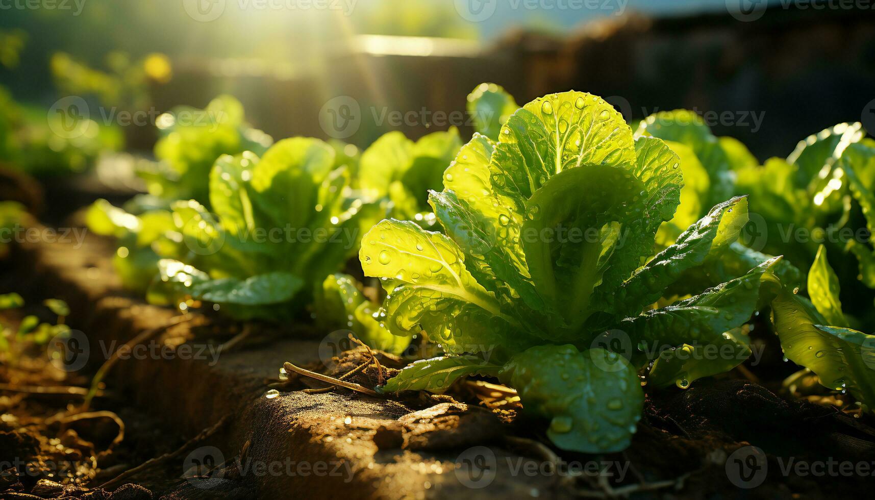 artístico recreación de Fresco lechugas en un huerta a puesta de sol. ilustración ai foto