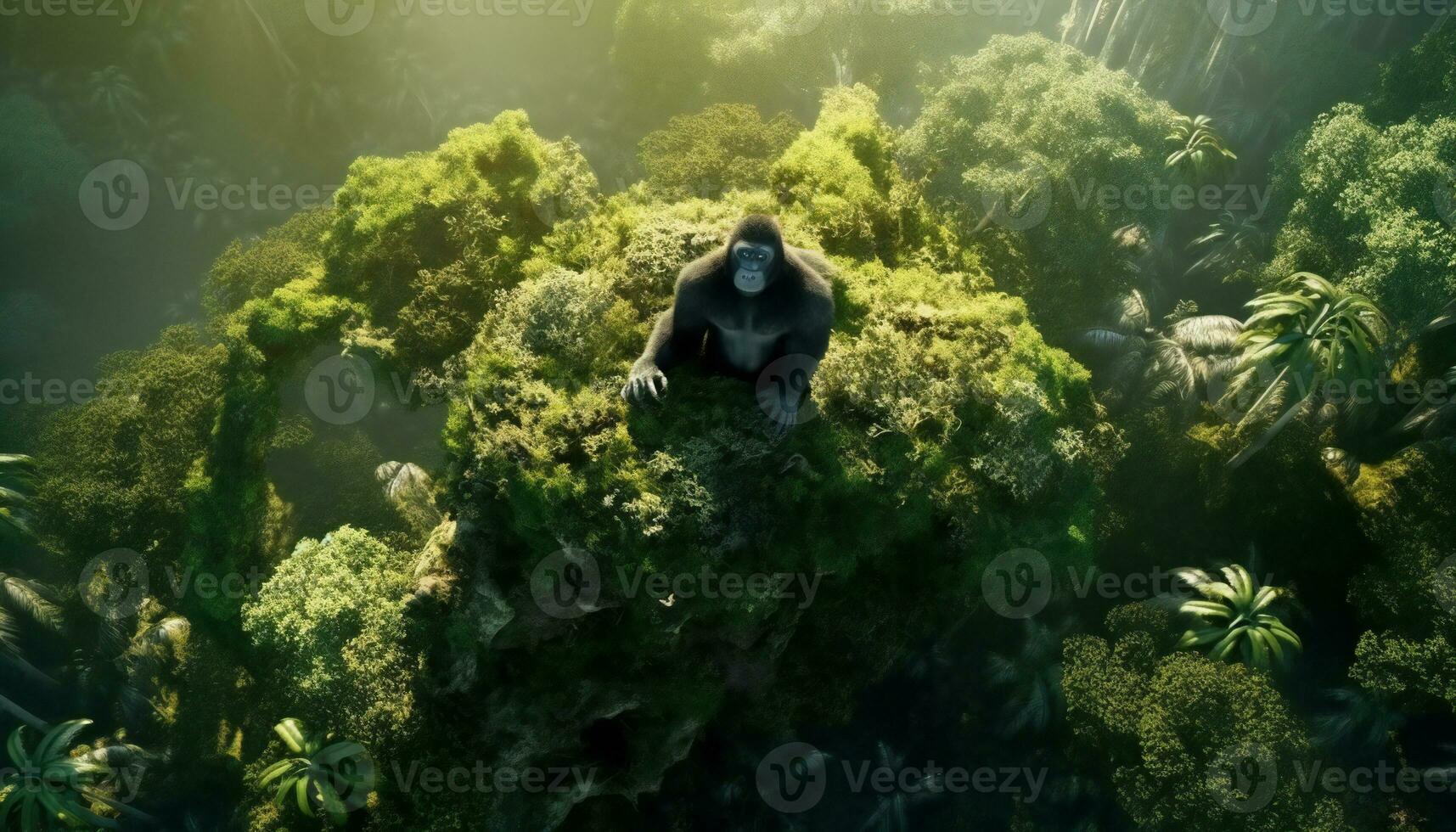 bipedal hominid in the high of a mountain in the jungle. Illustration AI photo