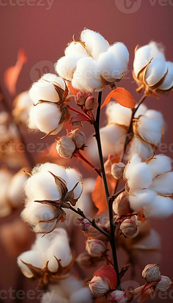 vertical recreación de algodón flores en algodón planta a puesta de sol. ilustración ai foto