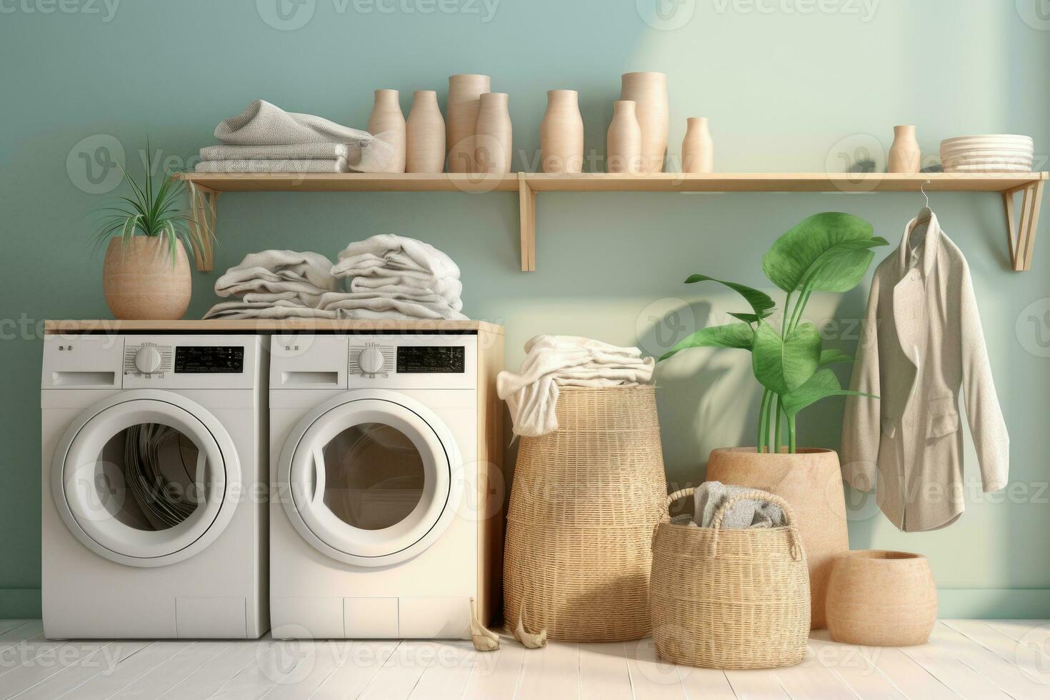 lavandería habitación con Lavado y secadora máquina. generativo ai foto