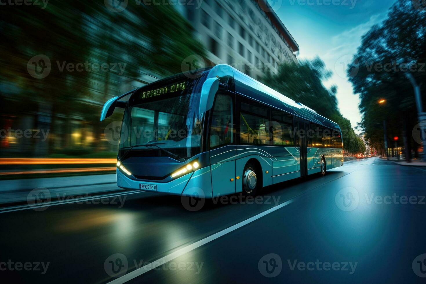 Modern bus at city street. Public transport. Generative AI photo