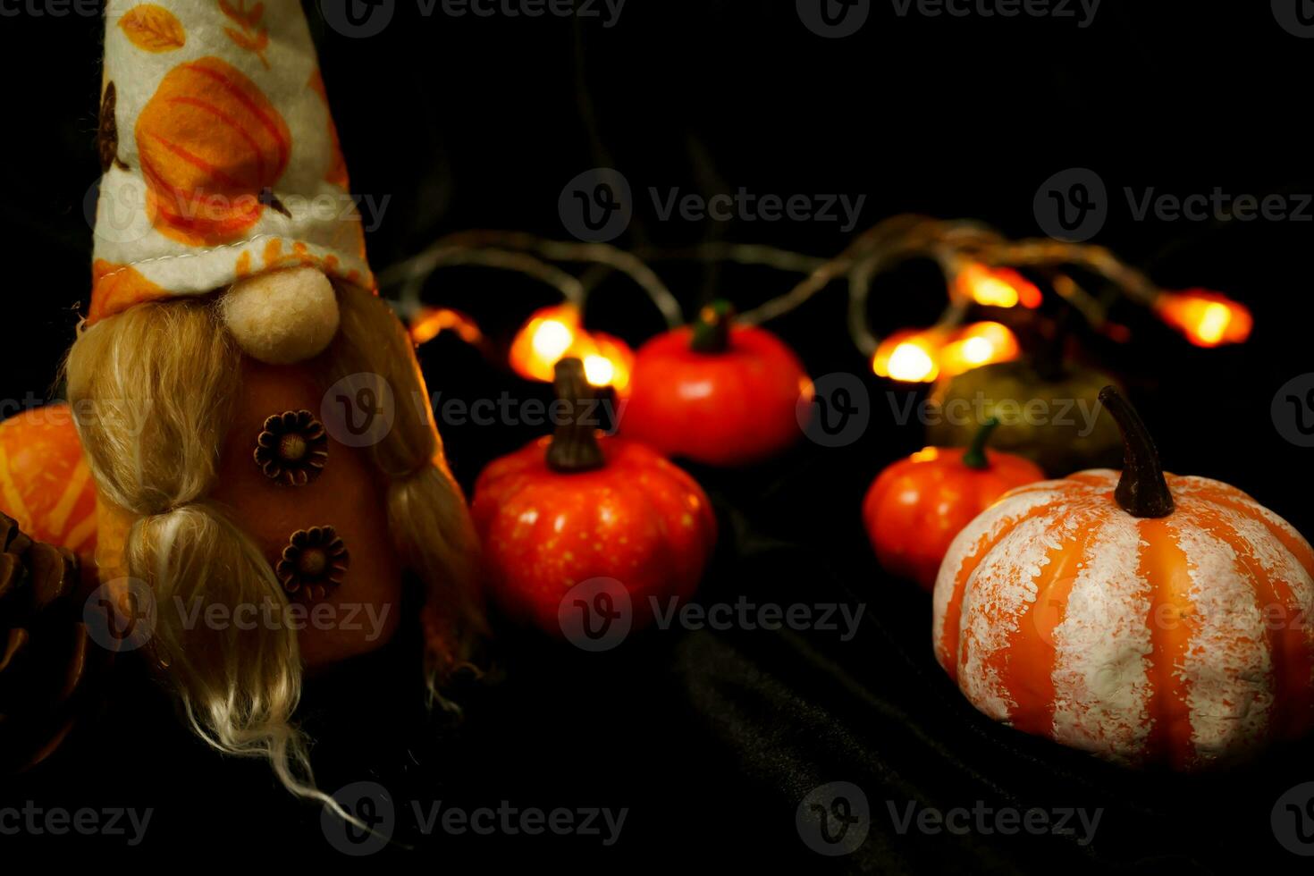Halloween decorations background. Halloween Scary pumpkin head on wooden table Halloween holiday concept photo