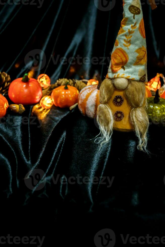 Halloween decorations background. Halloween Scary pumpkin head on wooden table Halloween holiday concept photo