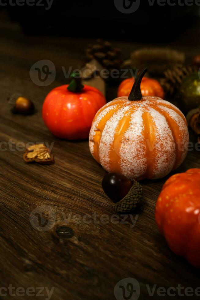 Halloween decorations background. Halloween Scary pumpkin head on wooden table Halloween holiday concept photo