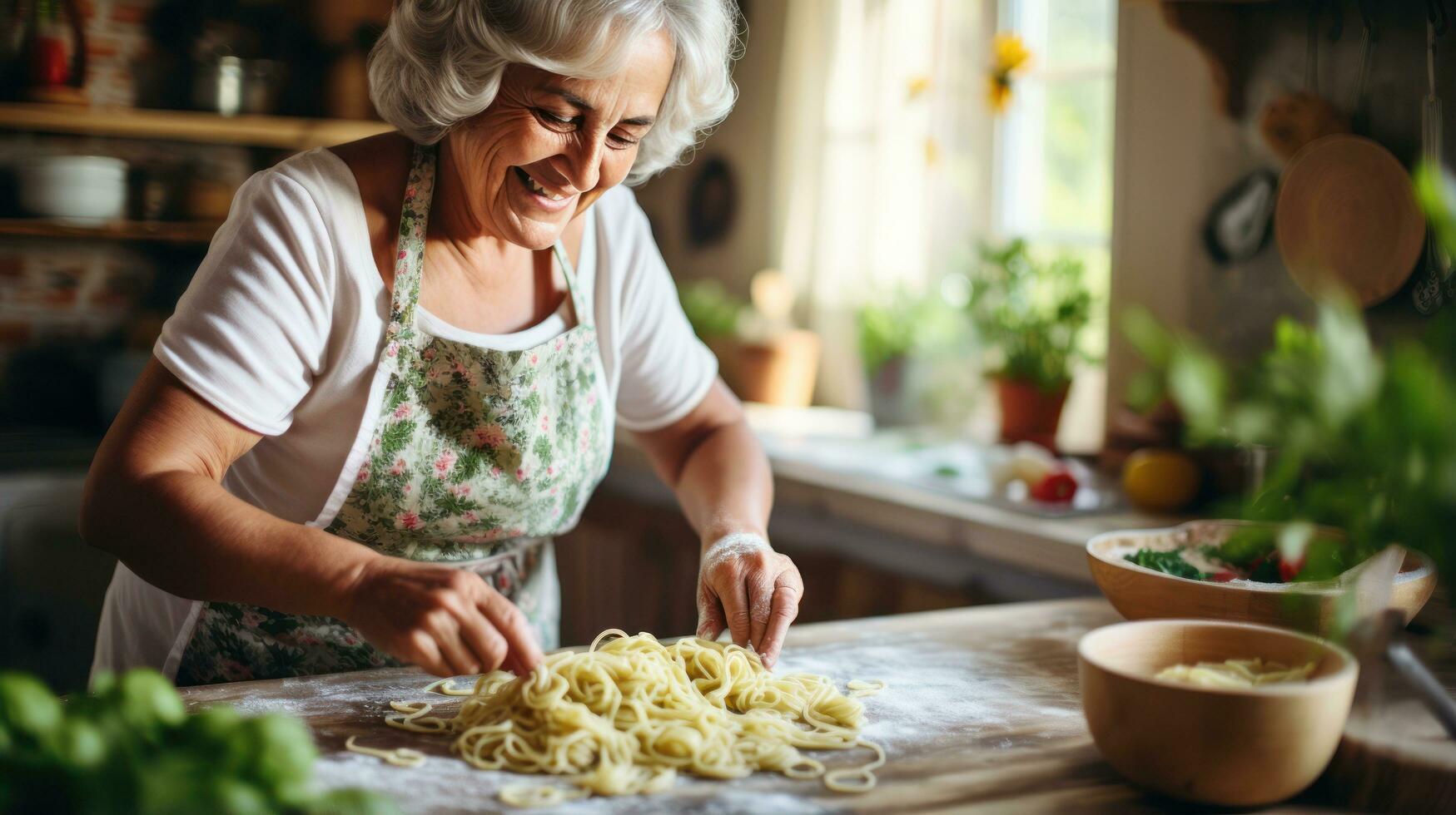 Grandmother teaching granddaughter to make pasta photo