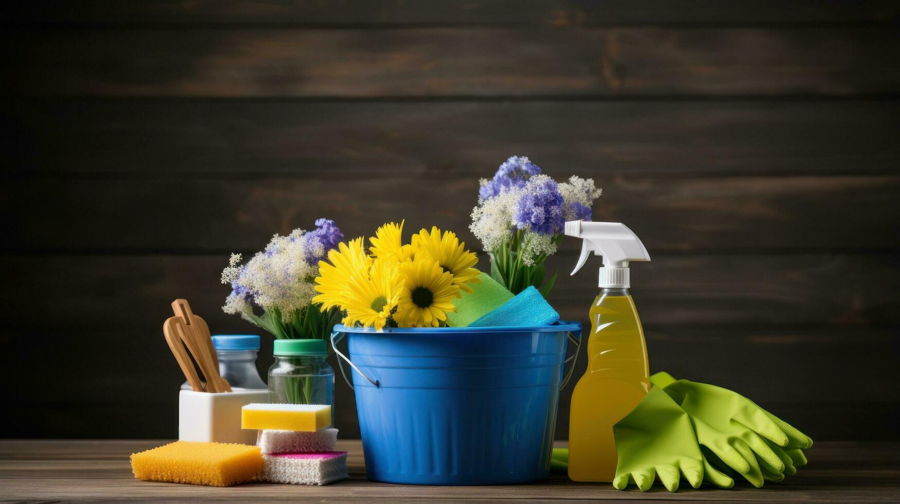 Bucket with suds and cleaning tools photo