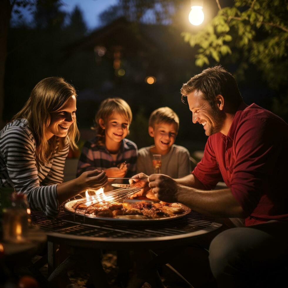 Family gathering around outdoor campfire for meal photo