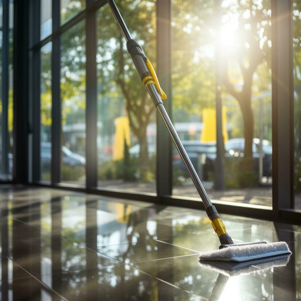 Person cleaning a window with squeegee photo