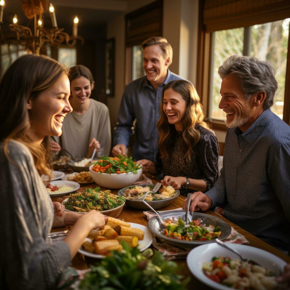 Multi-generational family enjoying potluck dinner photo