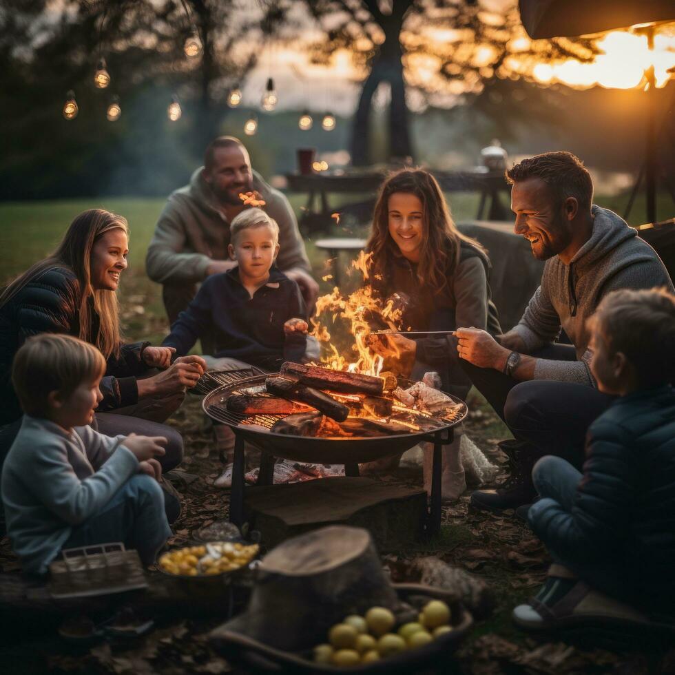 Family gathering around outdoor campfire for meal photo