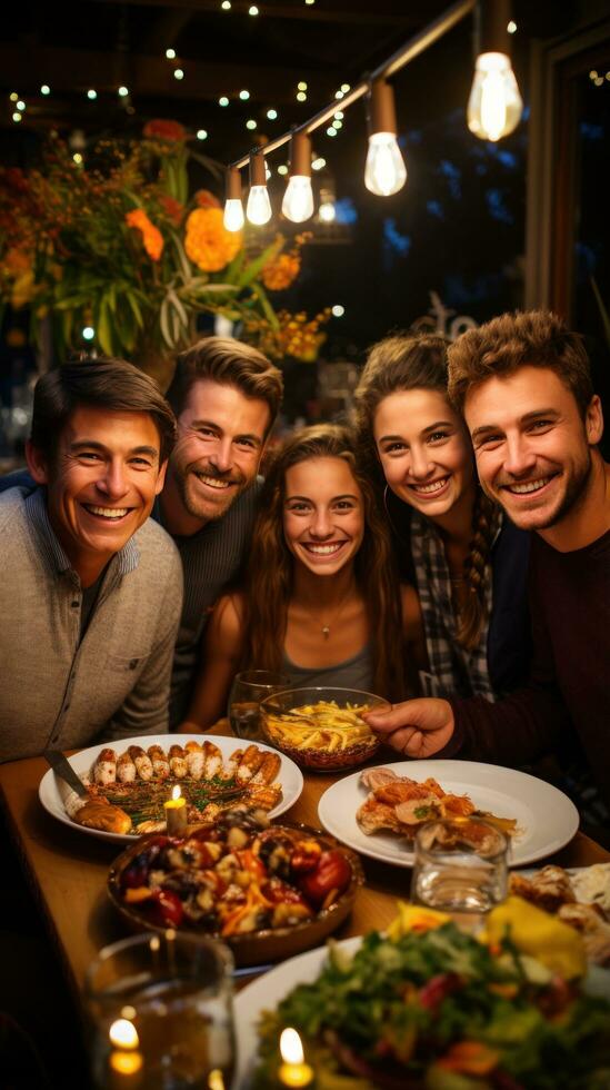 Multi-generational family enjoying potluck dinner photo