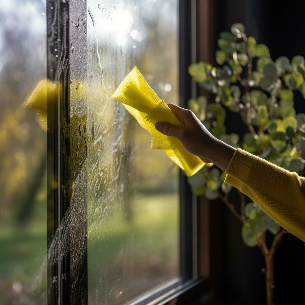 persona limpieza un ventana con enjugador de goma foto