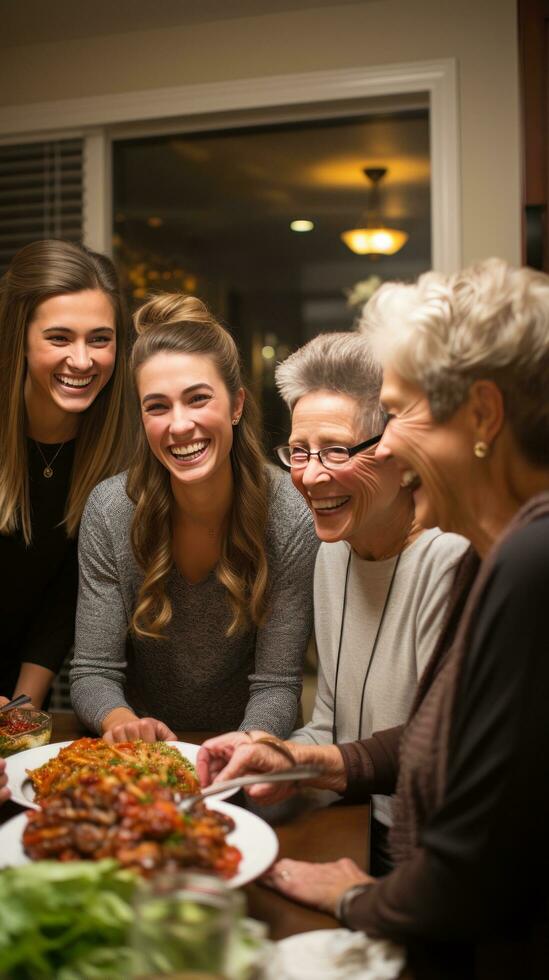 Multi-generational family enjoying potluck dinner photo