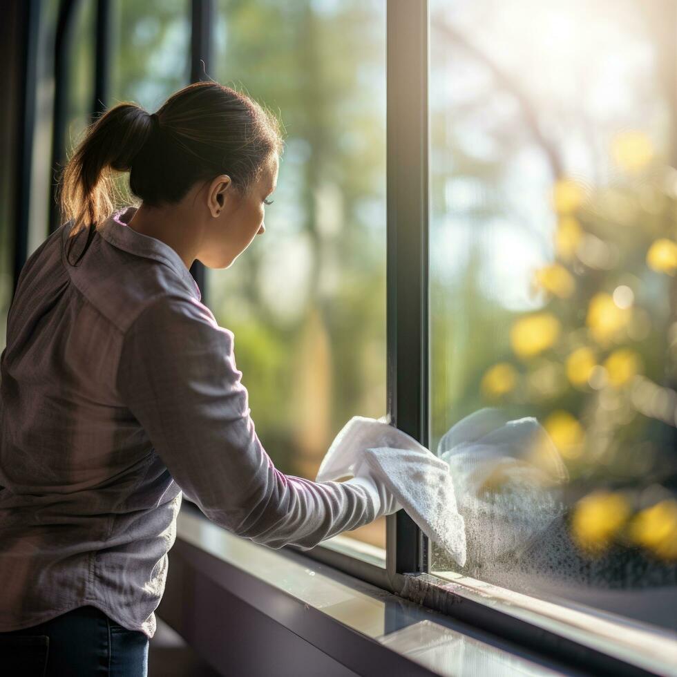 persona limpieza un ventana con enjugador de goma foto