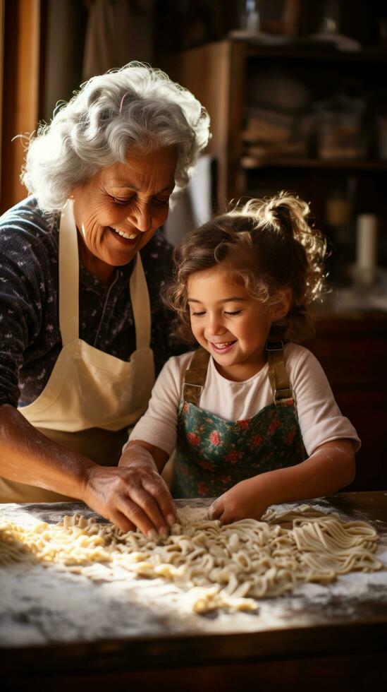 abuela enseñando nieta a hacer pasta foto