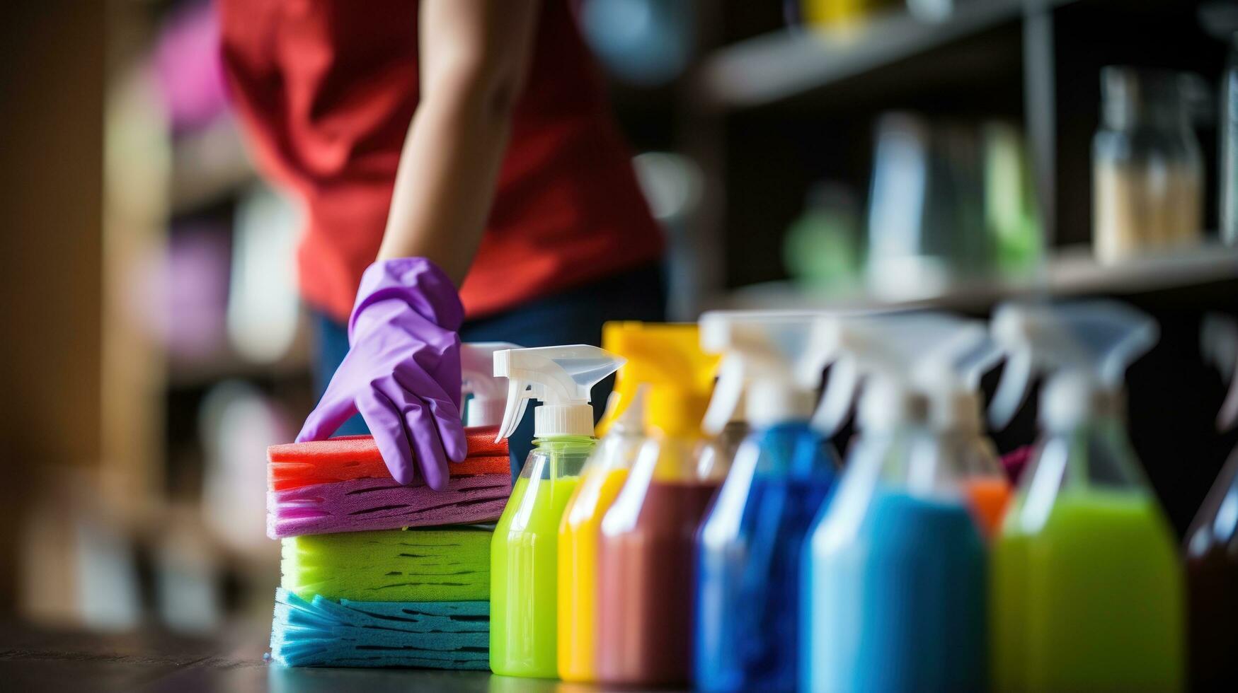 Hand holding a mop with cleaning products photo