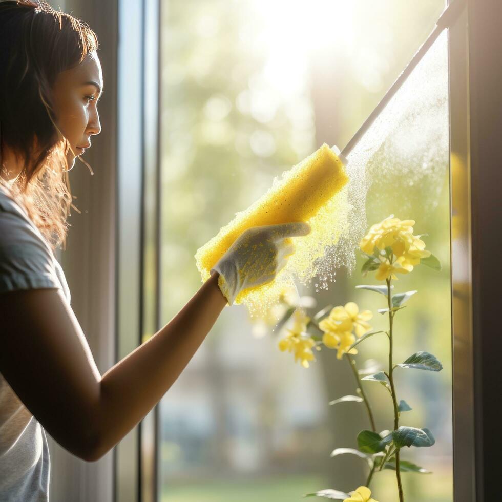 persona limpieza un ventana con enjugador de goma foto