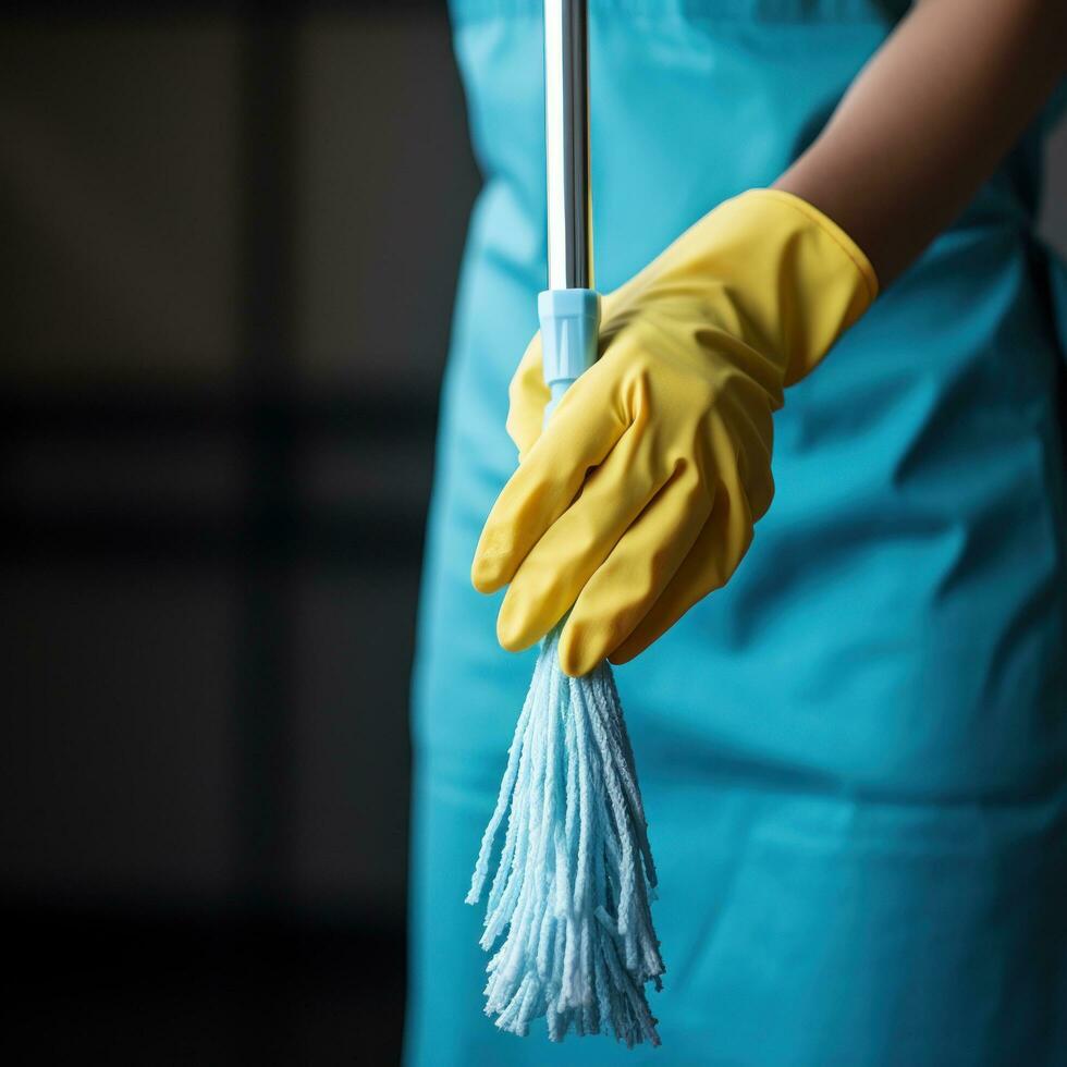 Hand holding a mop with cleaning products photo