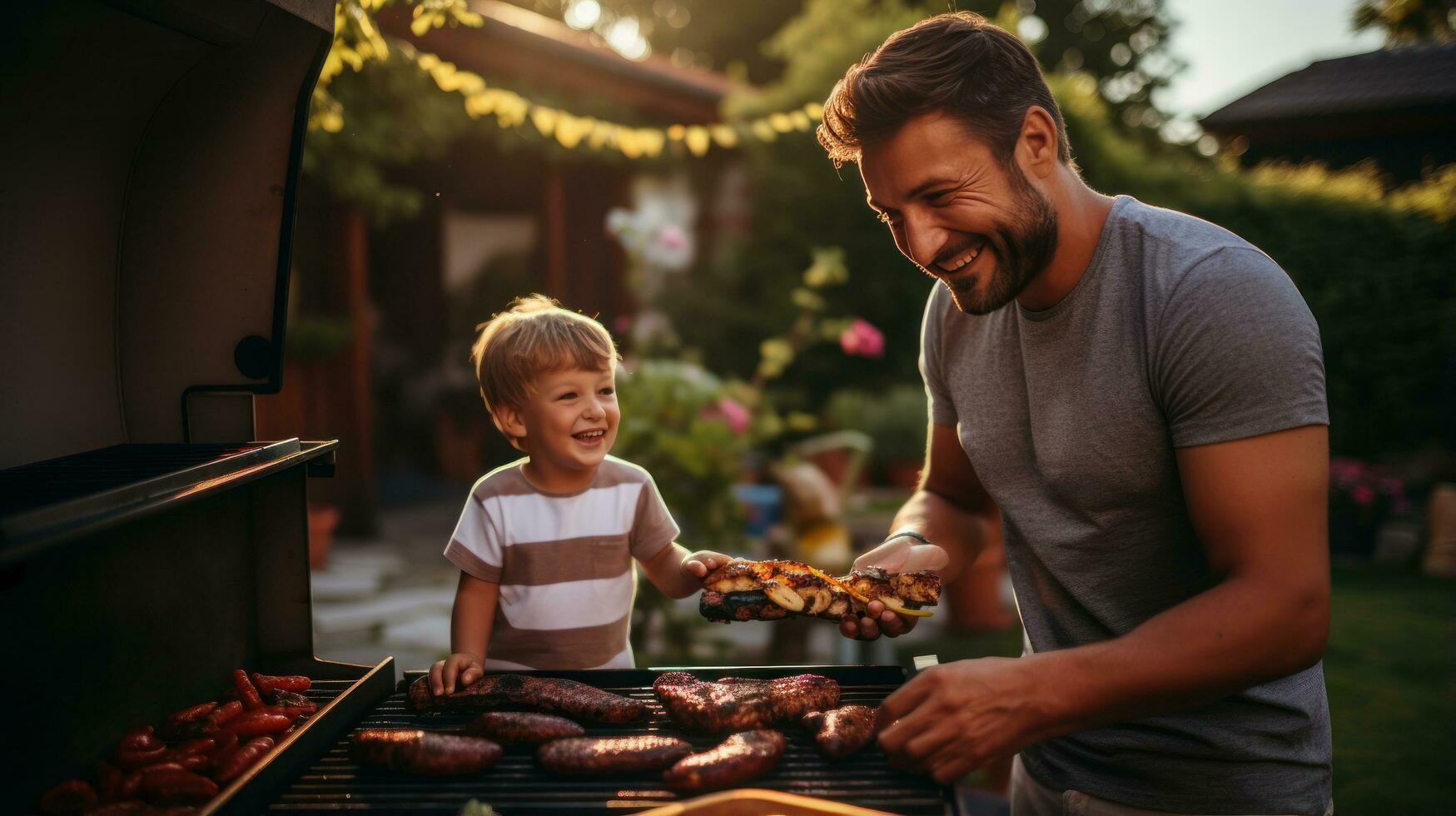 Father and son grilling burgers in backyard photo
