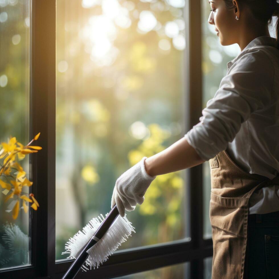 Person cleaning a window with squeegee photo