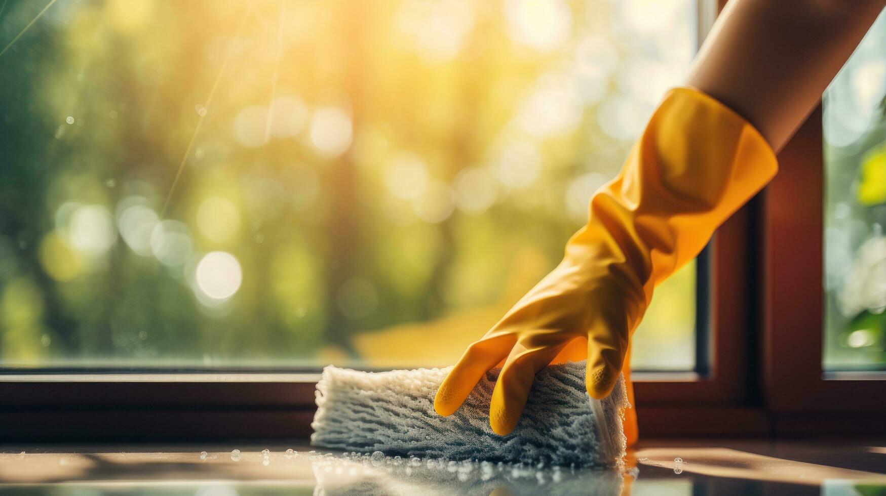 Person cleaning a window with squeegee photo
