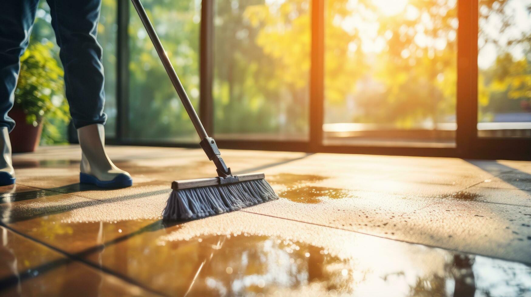 Person cleaning a window with squeegee photo