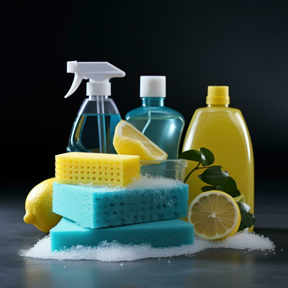 Spray bottle and sponge cleaning supplies photo