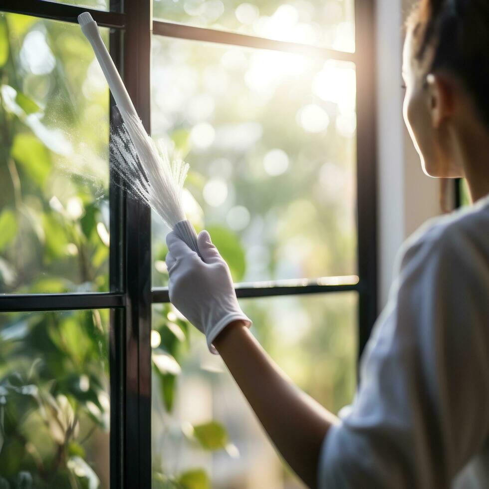 Person cleaning a window with squeegee photo