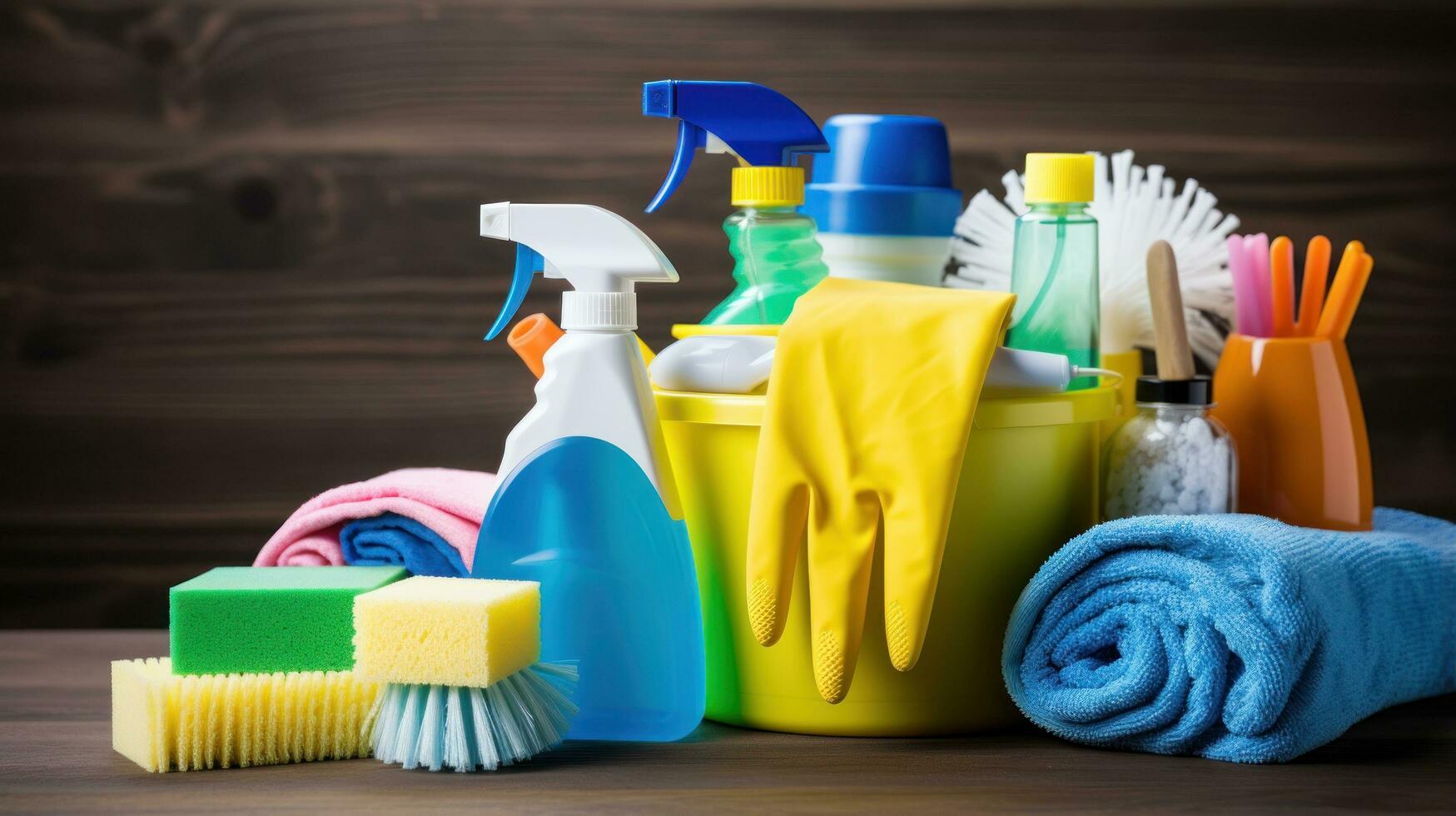 Hand holding a mop with cleaning products photo