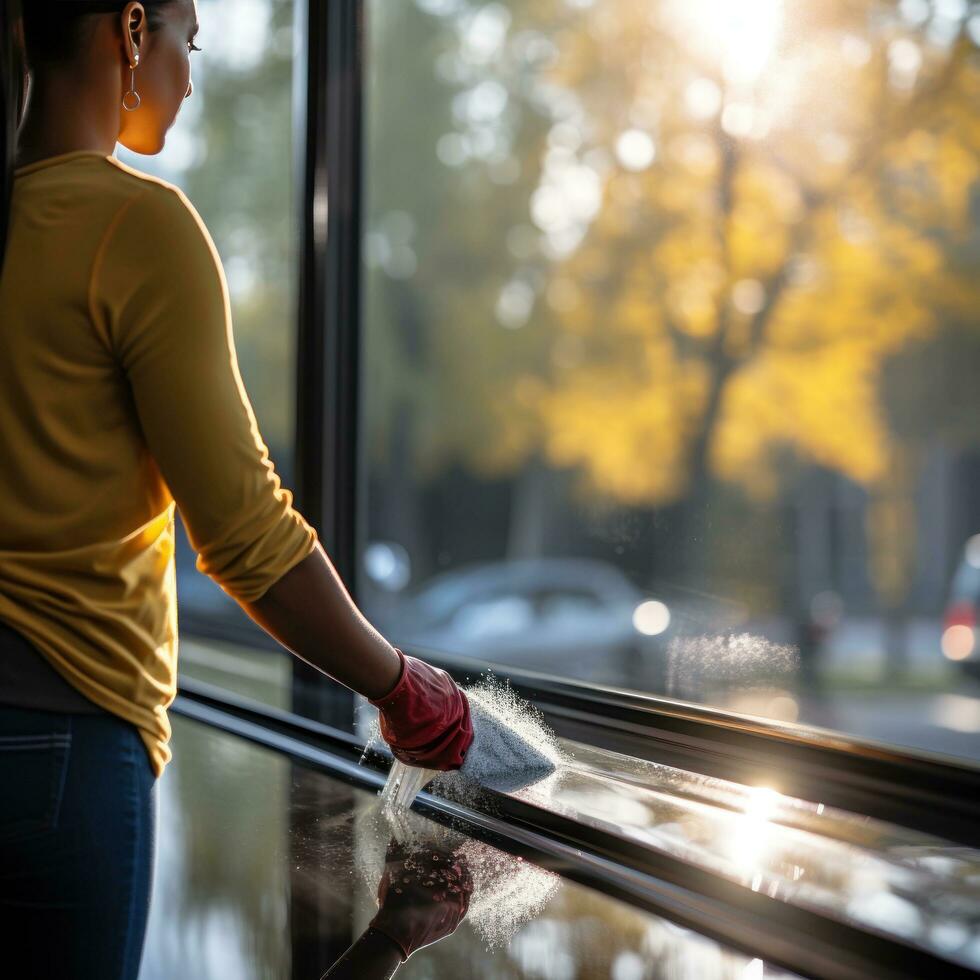 persona limpieza un ventana con enjugador de goma foto