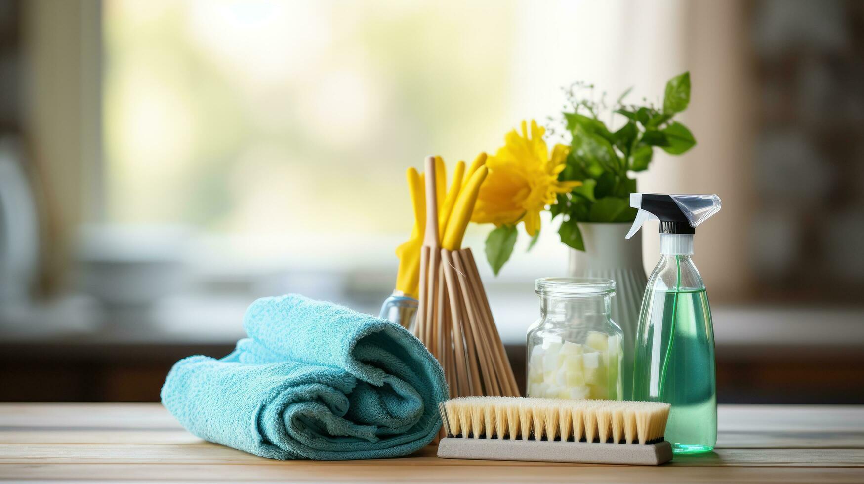 Hand holding a mop with cleaning products photo