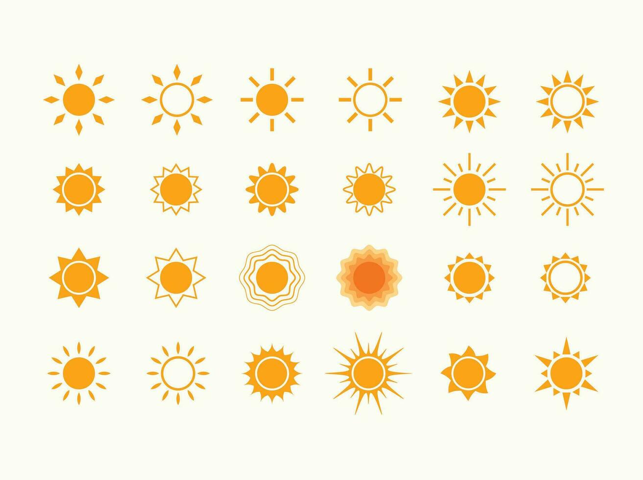 Yellow sun icon set flat vector. Decorative sun and sunlight. Solar energy. Sun symbol collection. vector
