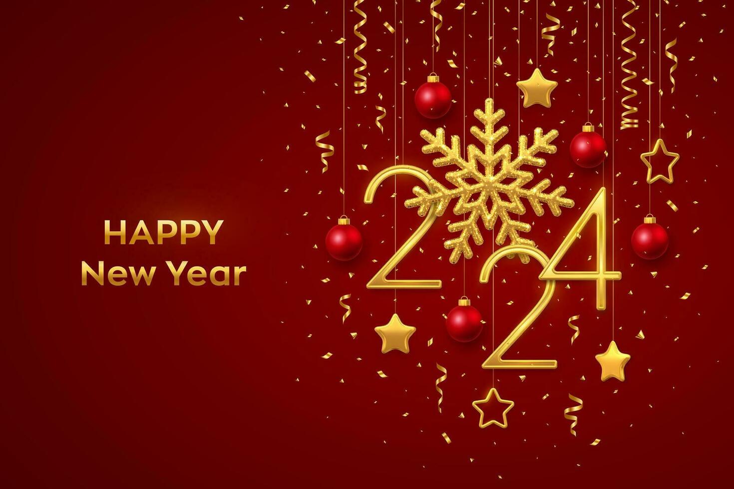 Happy New 2024 Year. Hanging Golden metallic numbers 2024 with shining snowflake and confetti on red background. New Year greeting card or banner template. Holiday decoration. Vector illustration.