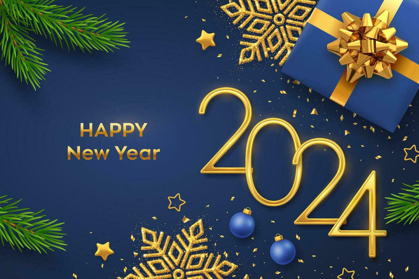 Happy New 2024 Year. Golden metallic numbers 2024 with gift box, shining snowflake, pine branches, stars, balls and confetti on blue background. New Year greeting card or banner template. Vector. vector