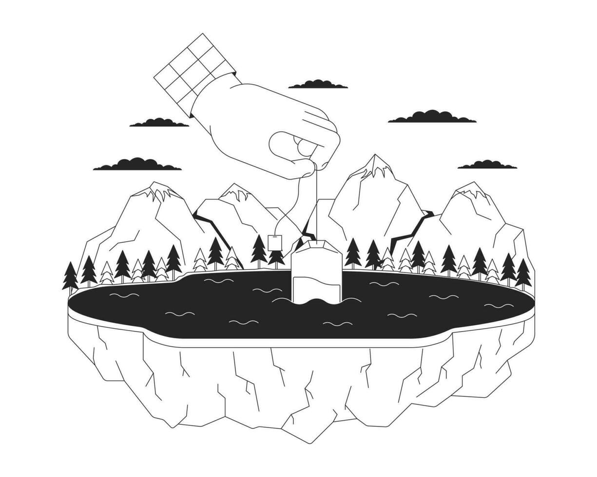 Steeping teabag into mountain lake black and white 2D illustration concept. Surreal dunking tea bag in water cartoon outline scene isolated on white. Organic tea brewing metaphor monochrome vector art