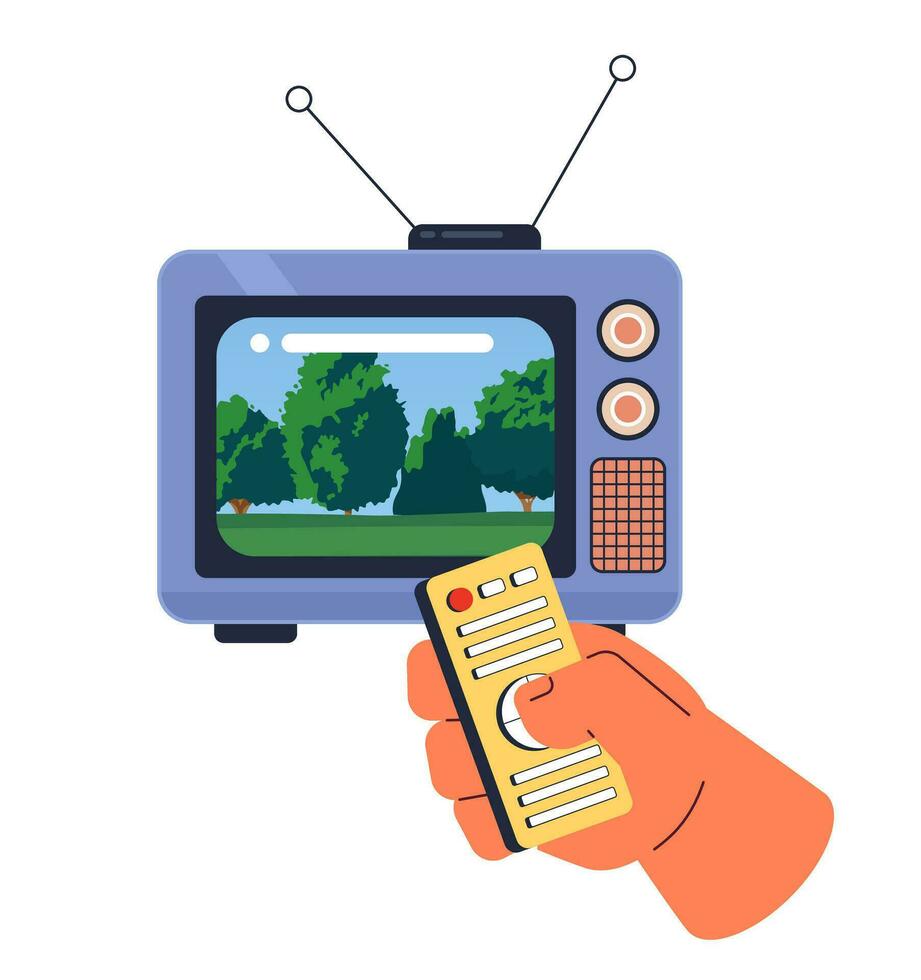 Park landscape on 1970s tv 2D illustration concept. Control clicking isolated cartoon character hand, white background. Forest tranquil on retro television metaphor abstract flat vector graphic