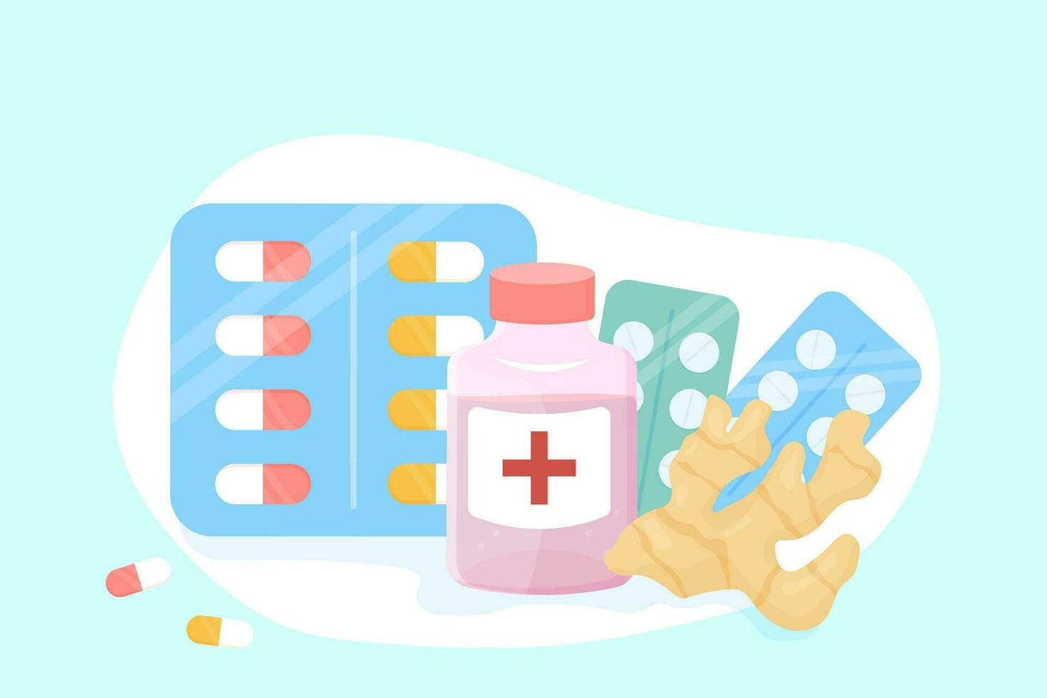 conjunto de gripe y resfriados, medicamentos. pastillas, jengibre, vector