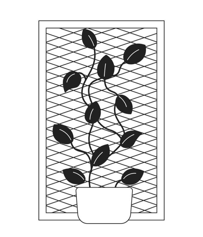 Climbing plant on grid frame black and white 2D cartoon object. Wall of leaves isolated vector outline item. Summer display. Woodwork window with creeping plants monochromatic flat spot illustration