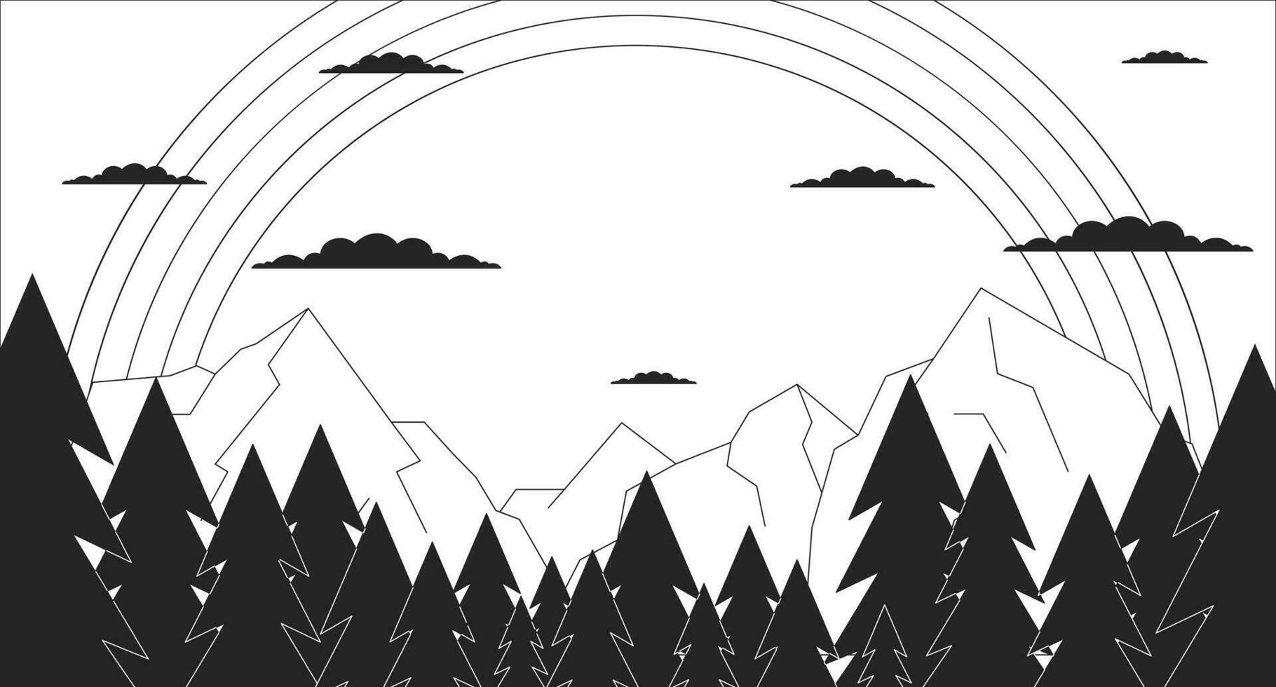 Peaceful rainbow in mountains black and white cartoon flat illustration. Forest rocky 2D linear scenery background. Vintage hippie mountainscape. Groovy retro monochrome scene vector outline image