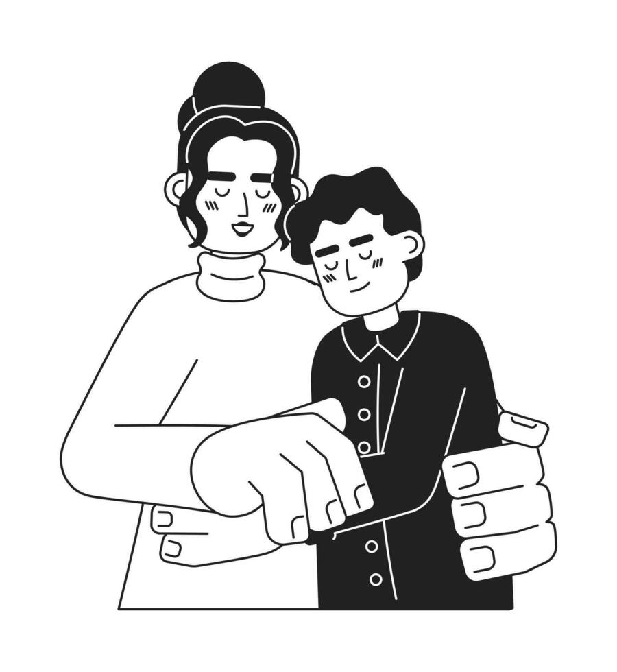 Latino mom teen son hugs black and white 2D cartoon characters. Hispanic mother embracing consoling boy isolated vector outline people. Grateful thank you monochromatic flat spot illustration