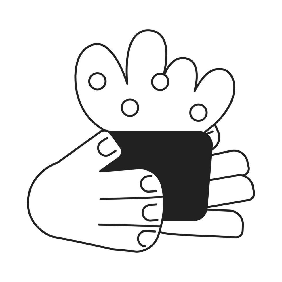 Potted plant holding cartoon hands outline illustration. Bush pot 2D isolated black and white vector image. Gardener hands flowerpot. Handing over potted shrub flat monochromatic drawing clip art