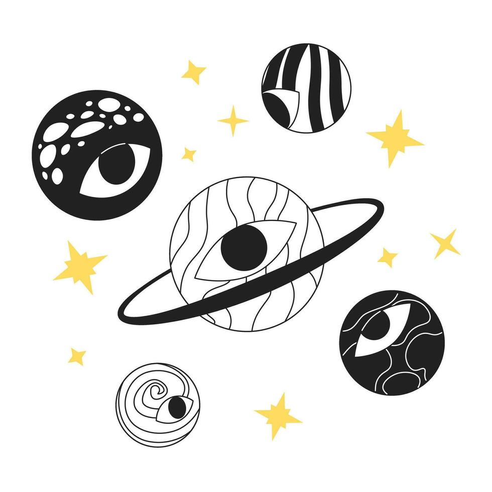 Groovy planets with eyeball black and white 2D illustration concept. Trippy eye planets cosmic space isolated cartoon outline scene. Cosmos vision. Psychedelic galaxy metaphor monochrome vector art