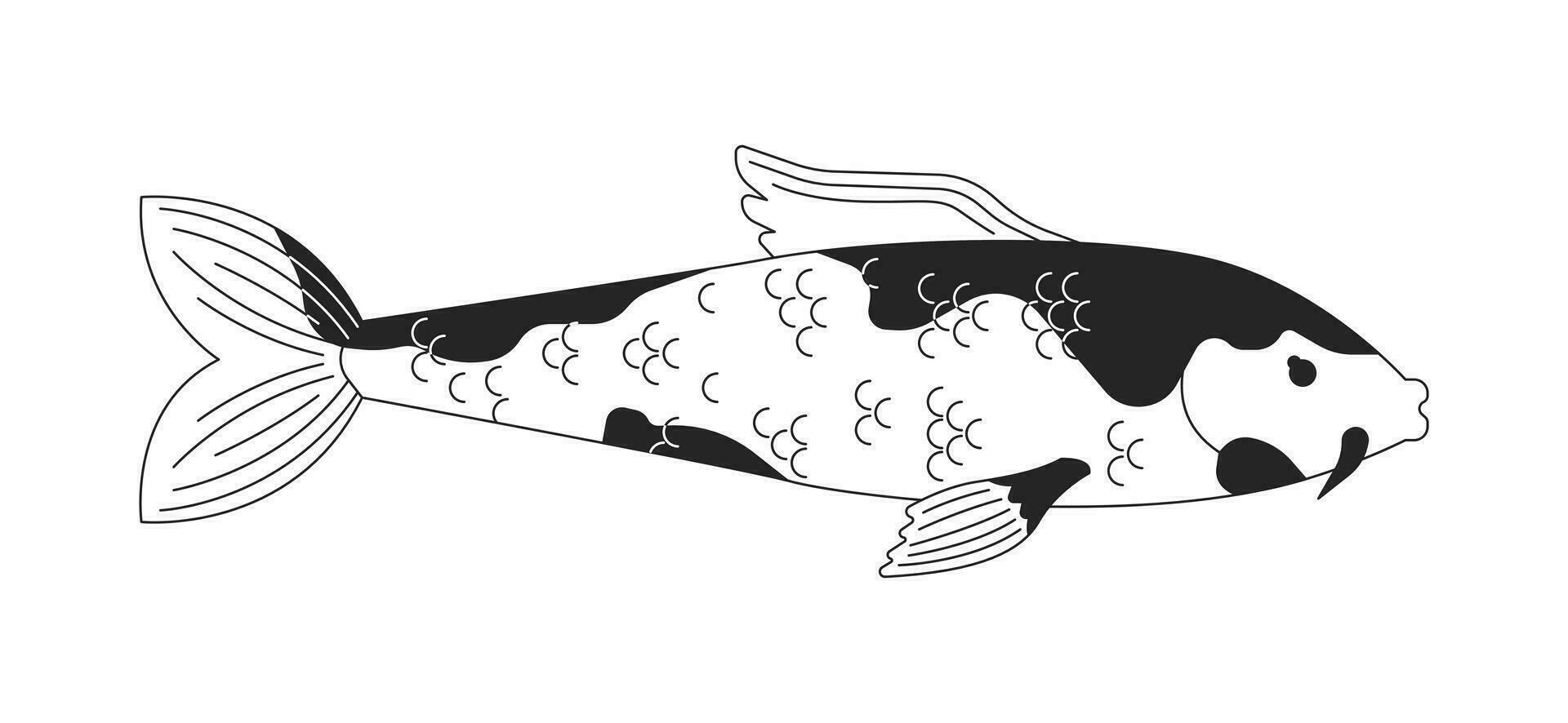 brillantemente de colores koi karpfen negro y blanco 2d línea dibujos animados personaje. oriental pescado para japonés estanque aislado vector contorno animal. nishikigoi flotante monocromo plano Mancha ilustración