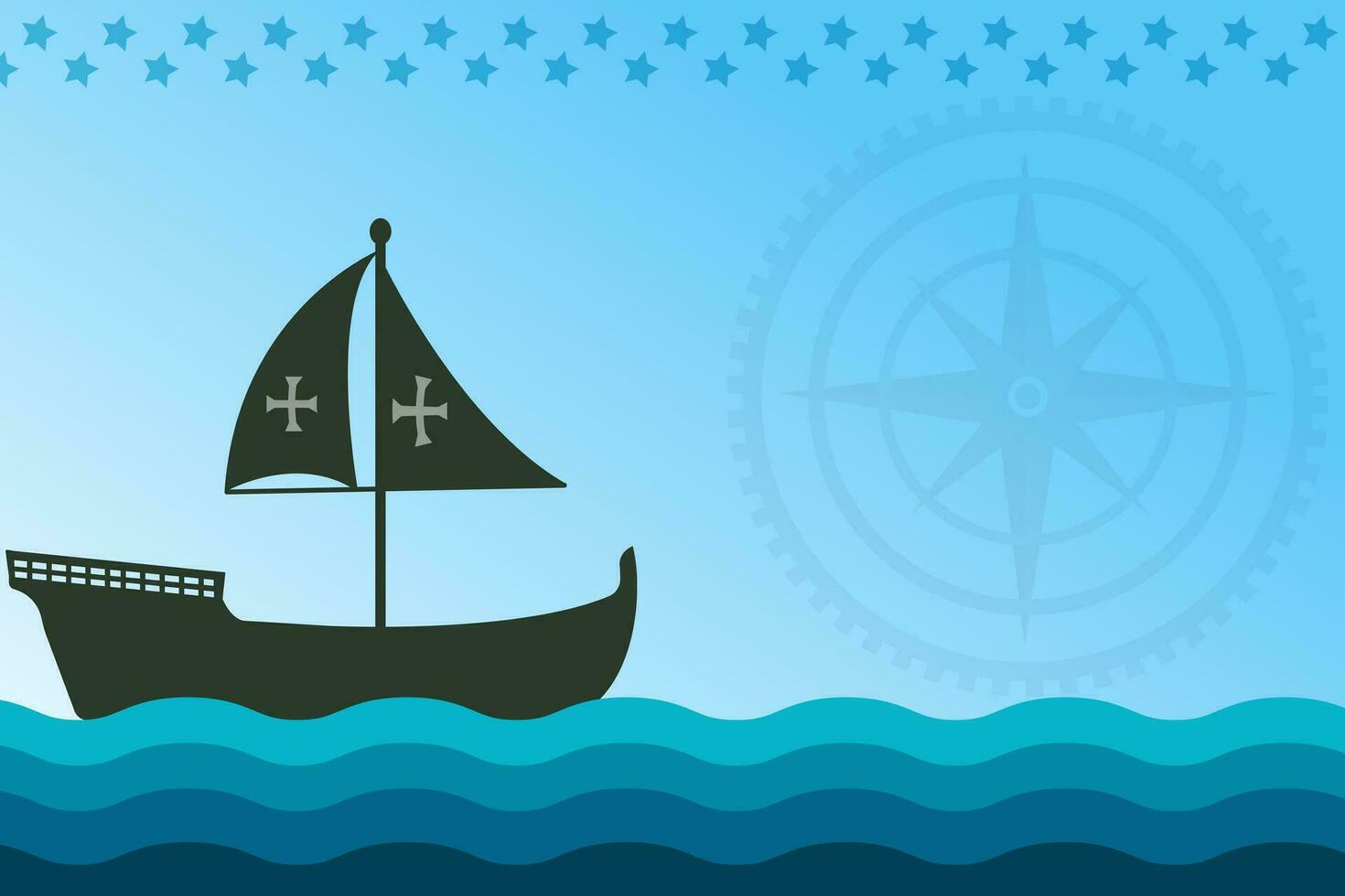 Columbus Day Copy Space Background with Sailing ship sailboat. Christopher Columbus National USA Holiday banner with American Flag, sea waves, Steer Wheel and compass. Discovery of America Spain theme vector