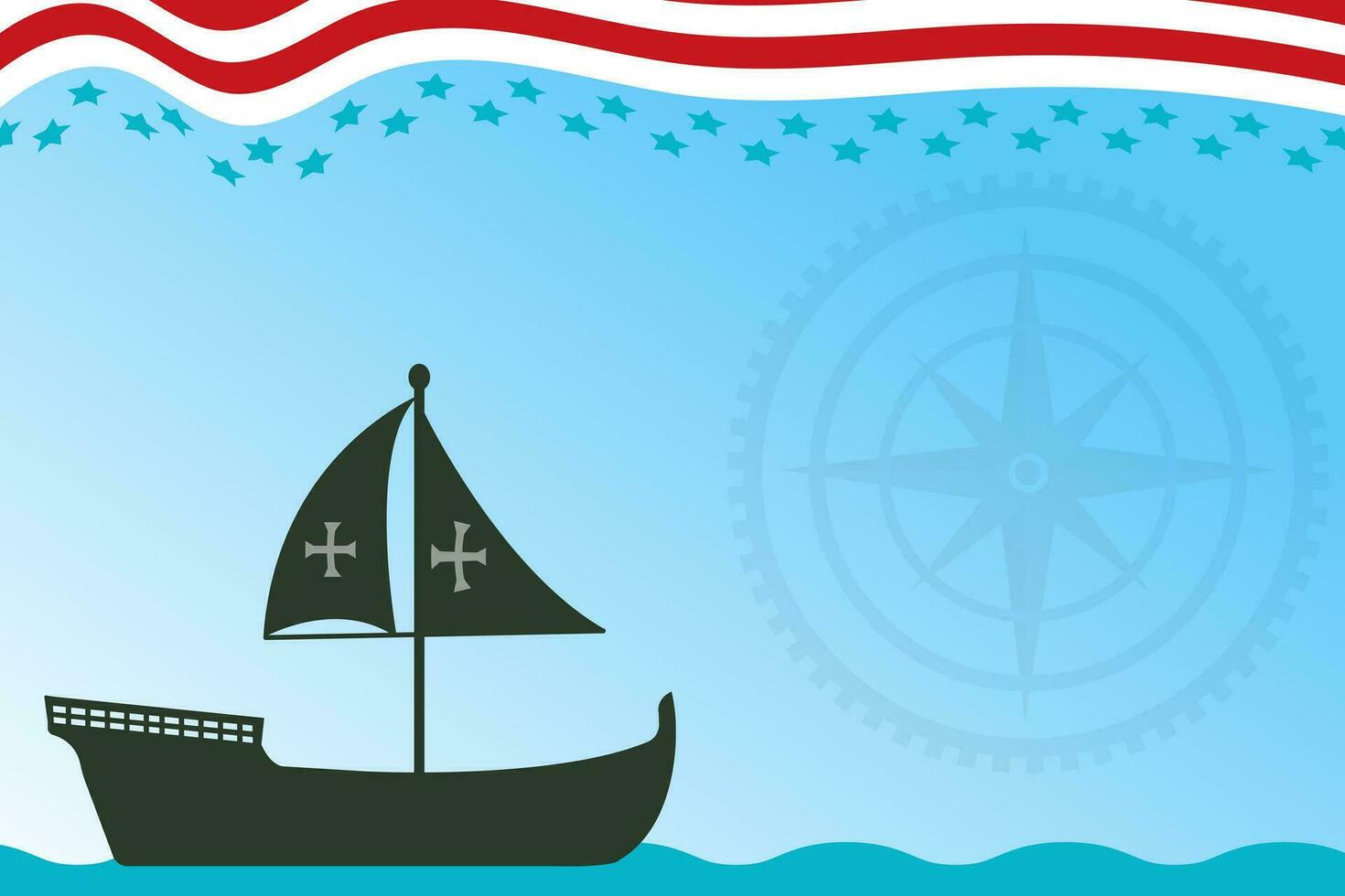 Columbus Day Copy Space Background with Sailing ship sailboat. Christopher Columbus National USA Holiday banner with American Flag, sea waves, Steer Wheel and compass. Discovery of America Spain theme vector